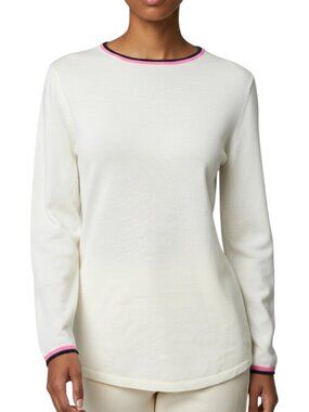 J.McLauglin White Long Sleeve Crewneck Shirt with Pink and Navy Trim Women's S